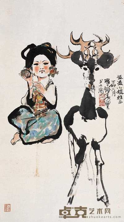 程十发 1987年作 少女与鹿 镜心 85×50cm